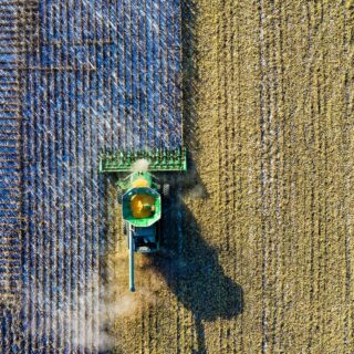aerial shot of green milling tractor